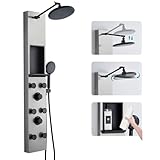 KEOKBON 3 in 1 Duschpaneel mit Ablage and Höhenverstellbar 20cm Kopfbrause, 5 Funktionen Duschsäule mit 6 Körperdüsen Handbrause Wanneneinlauf, Duschsystem Duschpaneele Edelstahl Gebürstetes & Schwarz
