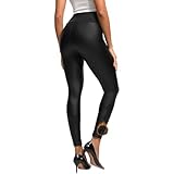 Lishang Thermo Leder Leggings Lederoptik Damen Sexy Gefütterte Lederleggings Kunstleder Leggings High Waist Lederhose Strumpfhosen Treggins Lederimitat Hose Damen Schwarz Matt L