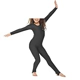 BODYWEAR LTD Langärmeliger Catsuit für Mädchen, glänzend, Nylon, Ganzkörperanzug, Gymnastikanzug, bequeme Passform, perfekt für Tanz, Ballett, Gymnastik, Schwarz , 9-10 Years