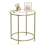 VASAGLE Beistelltisch rund, Kleiner Couchtisch, Glastisch, mit Oberfläche aus Hartglas und Metallgestell, Nachttisch, Sofatisch, Balkon, metallisches Gold-transparent LGT20G