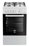 Beko FSG52010FW Freistehender Gasherd, Gasbackofen mit Gaskochfeld, 50 cm, 4 Kochzonen, Gasbackofen mit Elektrozündung und Innentemperaturanzeige, herausnehmbares Innenglas, Weiß