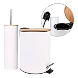 Amig - Set aus Mülleimer und WC-Bürstenhalter Naturline - Ø168 x 230 mm - Edelstahl und Bambus - Farbe Weiß - Kompaktes und abgestimmtes Bad-Set - Ideal für Moderne und natürliche Räume