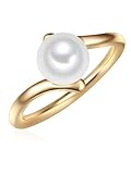 Valero Pearls Damen-Ring Welle Sterling Silber 925 gelbvergoldet Süßwasser-Zuchtperle Button 8 mm weiß - Modern-Ring für Frauen Perlenring Gelbgold