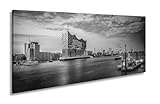 Leinwandbild Abendlicht küsst Hamburgs Hafen mit goldener Eleganz. Panorama 80x40cm Effekt: Schwarz&Weiß XXL Kunstdruck Bild auf Keilrahmen/Wandbild/Wohnzimmer Dekoration