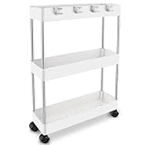 Zosenyer Rollwagen, 3 Ebenen Regal Küchenrollwagen, Bastelwagen auf Rollen für Küche, Büro, Bad, Kosmetikwagen, Badregal Schmal 13 cm, mit 6 Haken Kleiner Nischenwagen, Weiß