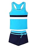 Febbabe Zweiteiliger Tankini für Mädchen, Sport-Bademode mit Boyshorts, 3–15 Jahre, Blau-a334, 14-15 Jahre