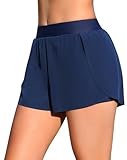 Charmo Damen Badeshorts Sommer Blickdicht Badehose Kurze Sporthose Bikini Shorts Hohe Taille Schwimmshorts mit Liner Taschen Blau