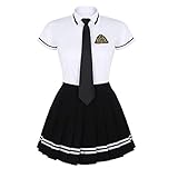 TiaoBug Damen Schulmädchen Kostüm 3er Set Kurzarm Hemd+Faltenrock+ Krawatte Schoolgirl Outfit Uniform Cosplay Karneval Fasching gr. S-XXXL Weiß&Schwarz M
