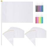 DIY Flagge Set 24 Stück Weiße Handflaggen mit Stab – Fahne Selbst Gestalten mit 12 Farben Wasserfarben – Fanartikel für Kinder & Erwachsene bei Fußball, WM, Public Viewing, Schule & Party
