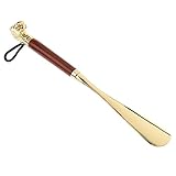Langer Schuhlöffel aus Metall mit Schima-Holzgriff und Löwenkopf aus massivem Messing, 32 cm