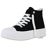 VAN HILL Damen Sneaker High Keilabsatz Schuhe Freizeit Keilsneaker Stoff Schnürer Freizeitschuhe Schnürschuhe 204088 Schwarz Weiss 37