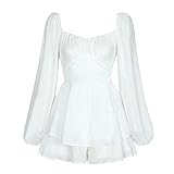 Sexy Kleid Damen Kurz Jumpsuit Elegant Langarm Boho Blume Chiffon Strampler Shorts Smock Minikleid Overall Festlich Hochzeit Partykleid Playsuit Herbstkleid Weiß M