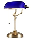 Newrays Blau Glass Bankers Schreibtischlampe mit Zugketten Schalter Steckvorrichtung,Grünes Bronze-Finish