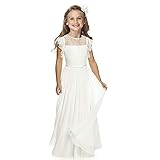 Boho Lange Kinder Spitzenkleid Chiffon Kleid mit Gürtel und Kurzen Butterfly-Ärmeln/Chic A-Linie Kommunionkleider Brautjungfern Kleider Blumenmädchenkleider für Mädchen (Elfenbein,10-11 Jahre)