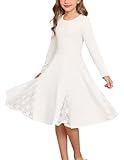 GRACE KARIN Kids Mädchen Langarm A-Linie Kleid Spitzeneinsätzen Festliches Partykleid Weiß 6-7 Jahre