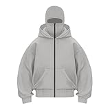 Generisch Balaclava Hoodie Herren Damen Einfarbig Kapuzenpullover Y2K Sweatshirt mit Sturmhaube Warm Freizeitjacke Sportjacke mit Reißverschluss und Taschen Lockeres Sweatjacke
