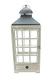 FRANK FLECHTWAREN Große Laterne "Landhaus", gekalktes Holz, Metall, Glas, Schublade, Maße: 25 x 25 x 63 cm, Ästhetisches Design, Nostalgisch-Modern