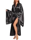 MAYILNSIN Damen Kimono Robe Lang Seide Morgenmantel Hochzeit Party Bademantel Satin Nachtwäsche Nachtwäsche Loungewear Übergröße, Schwarz , 48
