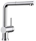 BLANCO LINUS-S-F | Küchenarmatur in chrom | Hochdruck | Mit herausziehbarem Schlauch | Vorfensterarmatur zur Montage vor einem Fenster | Gesicherte Wasserqualität & wassersparend