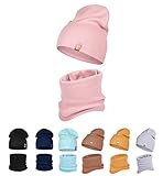 HEYO Kinder Beanie Mütze Schlauchschal Set für Mädchen Jungen Frühling Strickmütze Schal (Rosa)