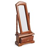 Odoria Puppenhaus Spiegel Ankleidespiegel Miniatur: 1/12 Maßstab Stehspiegel Vintage Schlafzimmer - Mini Ganzkörperspiegel Möbel Holz mit Schublade Braun