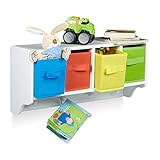 Relaxdays Kinder Wandregal ALBUS, Wandgarderobe mit 4 Kleiderhaken, Kinderregal mit 4 bunte Faltboxen, HBT: ca. 28 x 61 x 16 cm, weiß