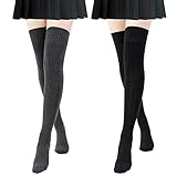 Chalier Cozy 2 Paar Kniestrümpfe Damen Overknee Strümpfe Socks Oberschenkel hohe Einfarbige Stiefelstrümpfe Klassische Lange Socken Retro Knitting Wintersocken Schwarz + Dunkelgrau