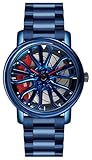 Gosasa Herren-Rennuhren, drehbar, Auto, Felge, Radnabe, Design, Sportuhren, Edelstahl, wasserdichte Uhr, Blau / Rot, Sportmode
