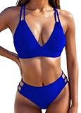 Adigau Damen Rückenlose Bademode Sexy Bikini Set Bikinioberteil und Triangel Bikinihose V Ausschnitt Swimsuit Sommer Zweiteiliger Badeanzug mit Kreuzgurt Elegant Schwimmanzug Blau S