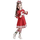 Weihnachts Kleid Mädchen Langarm, Weihnachtskleid Baby Mädchen Prinzessin Kleid Festliches Kleid Hirsch Schneeflocke Strickkleid Winter Warm Strick Pullover Kleider mit Haarband
