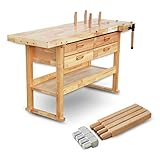 BAMATO Hobelbank WORK-1640 | *MASSIVHOLZ* 8 Bankhaken 6-Fach verstellb. Spannzange 4 Schubladen | hochwertige Arbeitsplatte | 4 große Schubladen | 1520 x 500 mm Arbeitsplatte