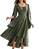Damen Viktorianisches Swing Kleid High Low Saum Hohe Taille Bodenlang Maxi Kleid Olivgrün M
