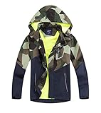 LAUSONS Kinder Gefütterte Regenjacke Jungen Camouflage Wasserdicht Jacke Leichte Übergangsjacke mit Abziehbar Kapuze Armeegrün DE: 134-140 (Herstellergröße 140)