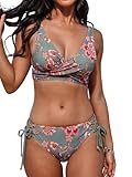 CUPSHE Damen Bikini Set V Ausschnitt Crossover Wickeloptik Lace Up Tank Bikini Low Waist Seitliche Bindung Bademode Zweiteiliger Badeanzug Swimsuit Grau, Grün, Rot XL