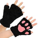 COMNICO Katzenpfoten Handschuhe Weiche Plüsch fingerlose Katzenfäustlinge Cartoon Tier Katze Krallen Winterhandschuhe Halloween Weihnachten Cosplay Kostümzubehör (Schwarz)