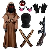 HarnyLoom Jawa Kostüm Kinder, Jawa Umhang Kapuze Tunika Robe Mittelalterlich Outfit Jungen mit Maske Handschuhe Halloween Karneval Cosplay (120)