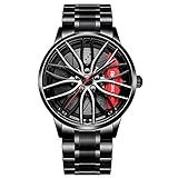 RWXCOW Herren Uhr Kreativ Armbanduhren,Autorad Felgennabenuhr,Auto Rad Felgen Nabe Uhr, Männer Sport Wasserdicht Armbanduhr,3D Auto Rad Felge Nabe Quarz Herrenuhr,schwarzerStahlmitroterNadel