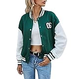 Geagodelia Damen College Jacke Sweatjacke Baseball Jacke Vintage Kurze Übergangsjacke Sweatshirt mit Knopf Y2K Fashion Top Frühling Herbst (Grün, S)