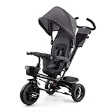 Kinderkraft Aveo Dreirad ab 9 Monate bis 25 kg, Kinderdreirad mit schubstange, Kompakte zusammenklappen, drehbarer Sitz, ausklappbarem Verdeck mit Sonnenschutz, Getränkehalter Korb im Set, Dunkelgrau