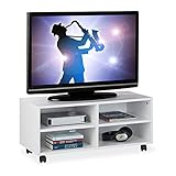 Relaxdays TV Board mit 4 Fächern, mit Rollen, für CDs, DVDs & Konsole, Phonotisch für Wohnzimmer, HBT 35x80x35 cm, weiß