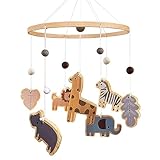 Mobile Baby Waldtiere, Holz Baby Mobile babybett spielzeug mit Wollknäuel Giraffe Löwe Elefant, Windspiel baby für Kinderzimmer Deko, Neugeborenen Geschenk