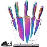WELLSTAR Messerblock, 7-tlg Messer Set, Titanbeschichtung Antihaft Beschichtung Messer, Kein Rost, Scharf Edelstahl Kochmesser Set mit Acryl Messerhalter für Küchen, Regenbogen Messer