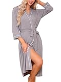 Wikoan Damen Bademantel Leichter 3/4 Ärmeln Bademantel Nachtwäsche Kimono Saunamantel mit Taschen V-Ausschnitt Morgenmantel für Spa Haus Pool Grau XL