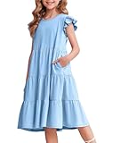 Arshiner Mädchen Kleider Rüschenärmel Sommer Kinder Baumwolle Freizeitkleid Rundhals ärmellos Swing Festliches Kleid für Mädchen 12-13 Jahre