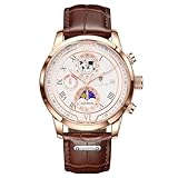 LIGE Armbanduhren Herren Männer Uhr Braun Lederarmband Chronograph Quarz Männer Uhren Mit Datum Mondphase Design Wasserdicht Men's Watches - Armbanduhren Für Herren Für Business & Alltag,Goldweiß