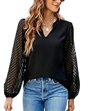 Atxnn Damen Blusen Spitze Langarm Oberteile Elegant Chiffon Tops V Ausschnitt Lässige Blusenshirt Arbeit Shirt Hemd für Frühling und Herbst, SCHWARZ XXL