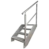 Kaminbau Mierzwa Premium Stahl Treppe Geländer Rechts Verzinkt 4 Stufen (Breite 1000 mm) (Höhe 76 cm) Wetterfest Gitterroststufe Gartentreppe