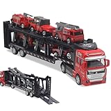 YANGUN Bagger Spielzeug, Baufahrzeuge Spielzeug Set, Baustellenfahrzeuge, 7-in-1 Autotransporter Toy, Baufahrzeug Autos Bagger, Toy Auto Set für Kinder ab 3 Jahren, Gelb (Fire Trucks)