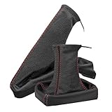 Schaltsack und Handbremsmanschette kompatibel mit Opel Astra G Auto Zubehör Innenraum Schaltknauf Schalthebelabdeckung Schalthebel Abdeckung als Set aus Echtleder in schwarz Nahr rot