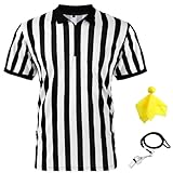 Herren Offiziell Schiedsrichter Trikot, Schwarz Weiß Streifen Hemd mit Umgedrehtem Kragen, Gelb Elfmeter Flagge und Edelstahl Pfeife mit Lanyard für Basketball Fußball (L)